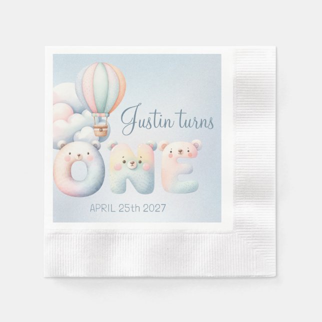 Servilleta De Papel Niño bebé 1er cumpleaños teddybear globo de aire c (Anverso)