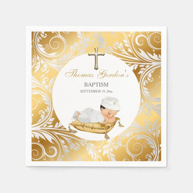 Servilleta De Papel Niño Bebé Christening Baptism Gold Silver (Anverso)