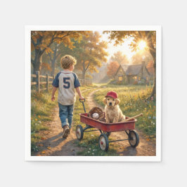 Servilleta De Papel Niño con Carro Rojo y Cachorro de Retriever Dorado