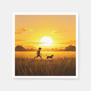 Servilleta De Papel Niño corriendo con perro al atardecer