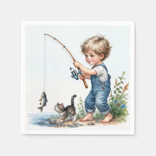 Servilleta De Papel Niño Pequeño Pescando Con Gatito