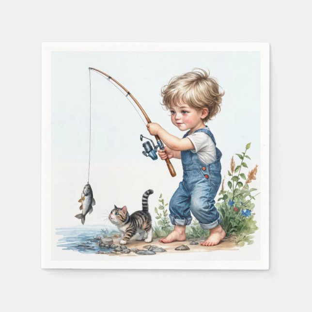 Servilleta De Papel Niño Pequeño Pescando Con Gatito (Anverso)