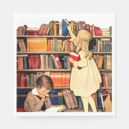 Servilleta De Papel Niños Antiguos Leyendo Libros de Biblioteca