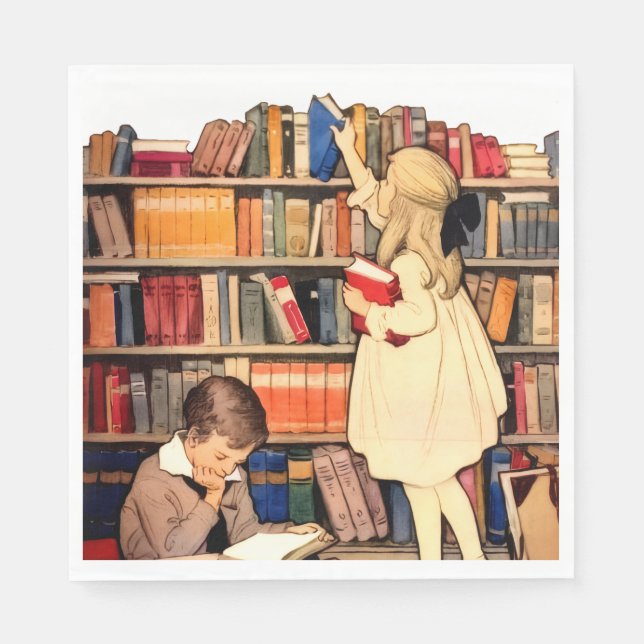 Servilleta De Papel Niños Antiguos Leyendo Libros de Biblioteca (Anverso)