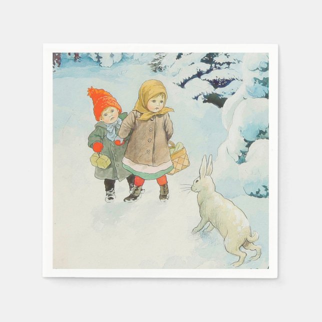 Servilleta De Papel Niños con liebre en invierno - Navidades (Anverso)