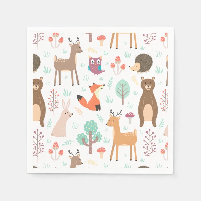Servilleta De Papel Niños Cute animales de bosque Porcupine Deer Brown (Anverso)