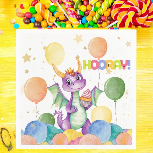 Servilleta De Papel Niños Cute Dragón Moderno Niños Napkin Cumpleaños (Cute Dragon Birthday Party Napkin Watercolor Cupcake & Balloons - Hooray Theme - Kids Birthday)