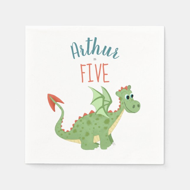 Servilleta De Papel Niños Cute Green Dragon Toddday Birthday (Anverso)