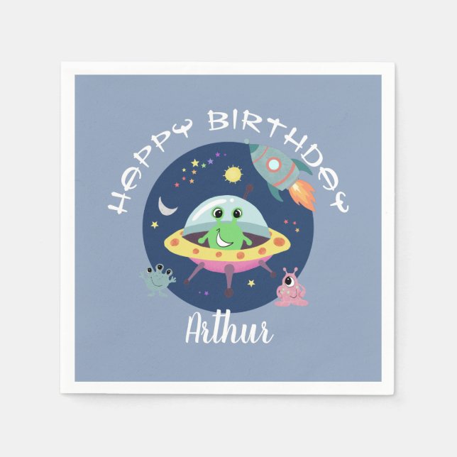 Servilleta De Papel Niños Guay Blue Space Alien Galaxy Cumpleaños (Anverso)