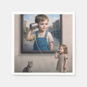 Servilleta De Papel Niños hablando por un teléfono de lata retro