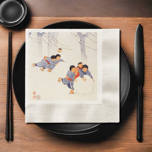 Servilleta De Papel Niños japoneses rodando grandes bolas de nieve (Subido por el creador)