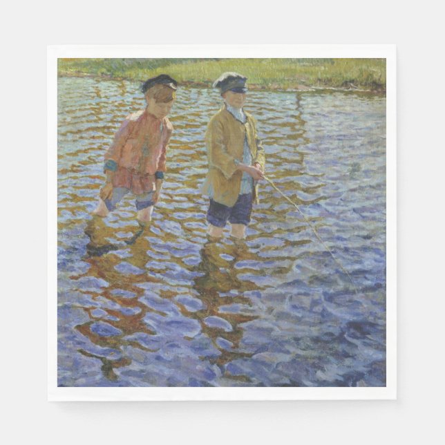 Servilleta De Papel Niños pescando en el río (Anglers de época) (Anverso)