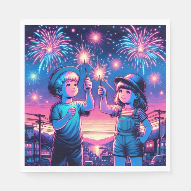 Servilleta De Papel Niños sosteniendo fuegos artificiales el 4 de juli (Anverso)