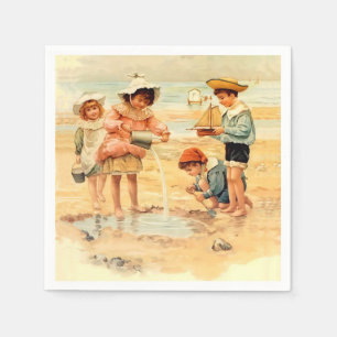 Servilleta De Papel Niños Victorianos Antiguos en la Playa Arte Fino