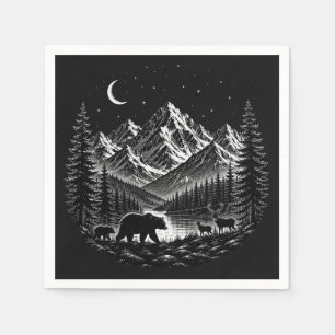 Servilleta De Papel Noche Salvaje de Montaña Mística Estilo Linocut