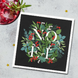 Servilleta De Papel NOEL Berries Greenery sobre los Navidades negros