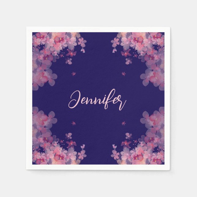 Servilleta De Papel Nombrado acuarela magnolia floral azul marino (Anverso)