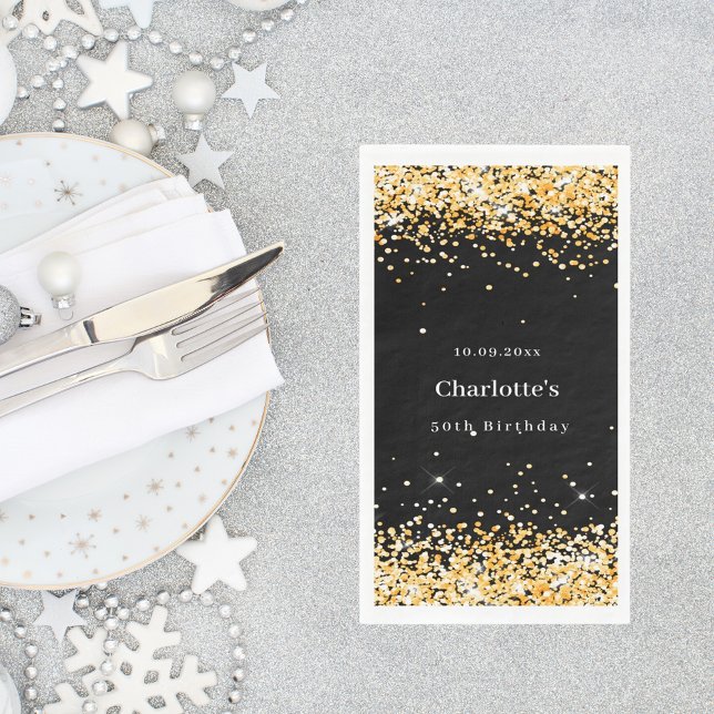 Servilleta De Papel Nombre de confeti de oro negro de cumpleaños (Subido por el creador)