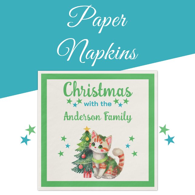 Servilleta De Papel Nombre de familia gato árbol verde Navidades azule (Subido por el creador)