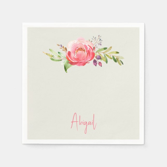 Servilleta De Papel Nombre de guión floral rosa Baby Shower (Anverso)