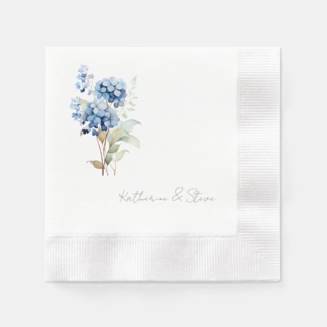 Servilleta De Papel Nombre de guión moderno Hidrangea azul Boda (Anverso)