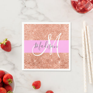 Servilleta De Papel Nombre de monograma con brillo rosa dorado Glam fe