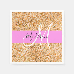 Servilleta De Papel Nombre de monograma con brillo rosa y cobre Glam