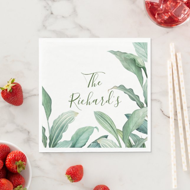 Servilleta De Papel Nombre de monograma de hojas tropicales verdes (In situ)