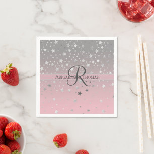 Servilleta De Papel Nombre de monograma Rosa Gris Plateado Estrellas B