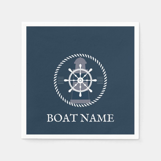 Servilleta De Papel Nombre del barco Navy Blue Nautical Personalizado (Anverso)