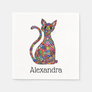 Servilleta De Papel Nombre del monograma del gato del gato de la flor