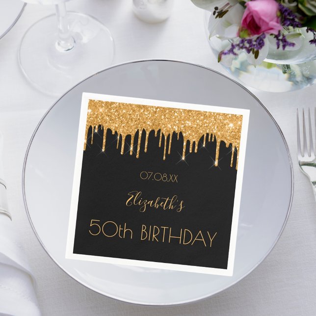 Servilleta De Papel Nombre del purpurina de oro negro de cumpleaños (Subido por el creador)