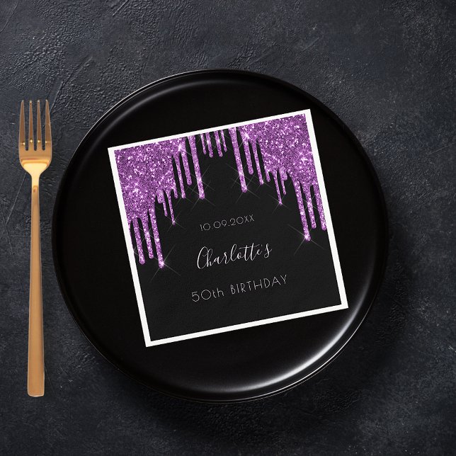 Servilleta De Papel Nombre del purpurina morado negro de cumpleaños (Subido por el creador)
