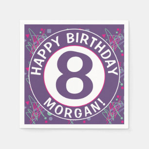 Servilleta De Papel Nombre Feliz cumpleaños Edad Morado Formas rosadas