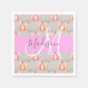 Servilleta De Papel Nombre Monograma Calabaza Melocotón Rosa Gris Flor