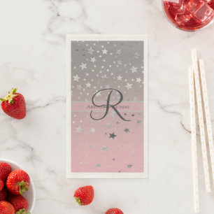 Servilleta De Papel Nombre Monograma Rosa Gris Plateado Estrellas Boda