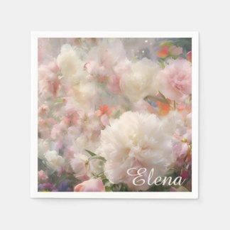 Servilleta De Papel Nombre Peonías Rosa y Blanco Pintura Acuarela