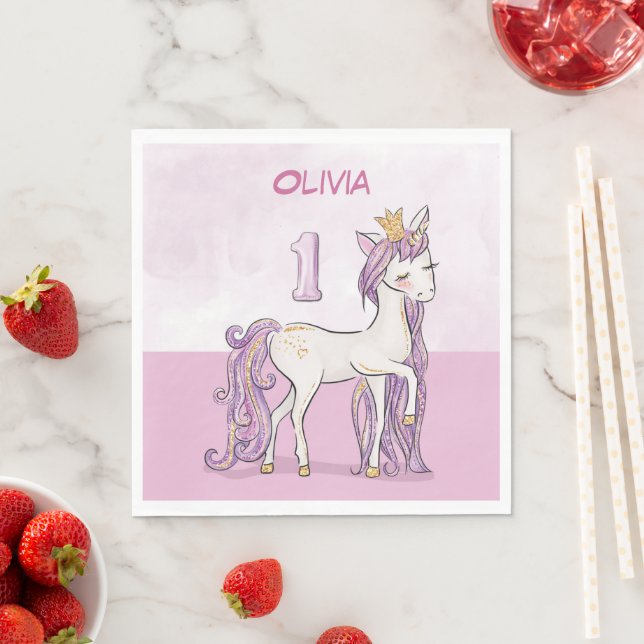 Servilleta De Papel Nombre personalizado 1er cumpleaños Caballo rosa c (In situ)