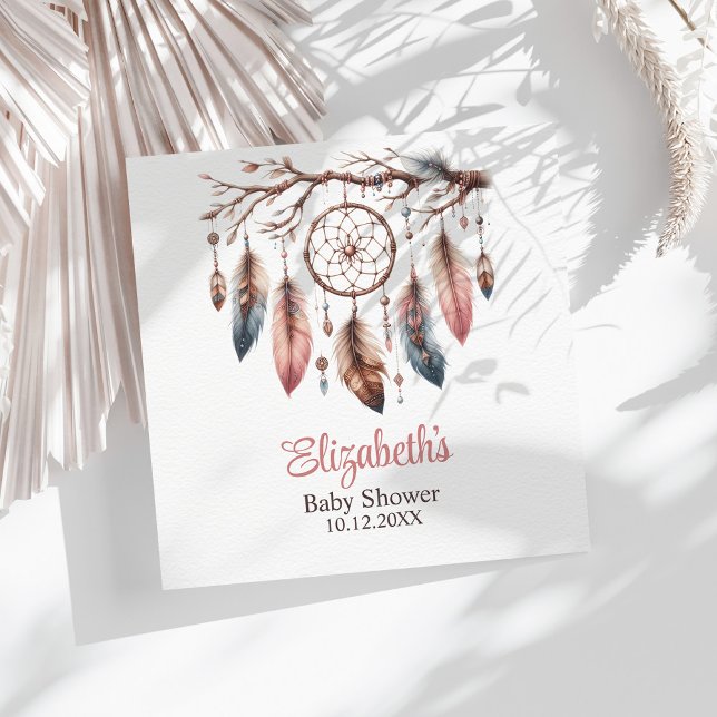 Servilleta De Papel Nombre personalizado Boho Dreamcather Baby Shower (Boho Custom Name Dreamcather Baby Shower Napkins on a sunny table with white dry palm leaf.)