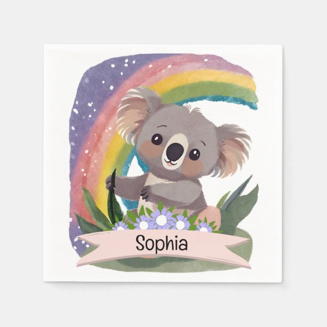 Servilleta De Papel Nombre personalizado del bebé de Koala Arcoiris (Anverso)