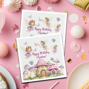 Servilleta De Papel Nombre Personalizado Magic Fairies Pink Mushrooms 