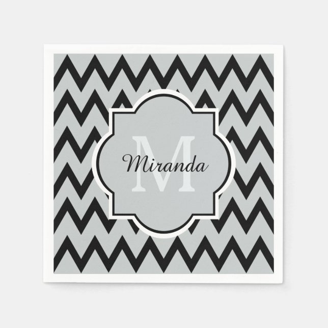 Servilleta De Papel Nombre y monograma del zigzag del chevron gris neg (Anverso)