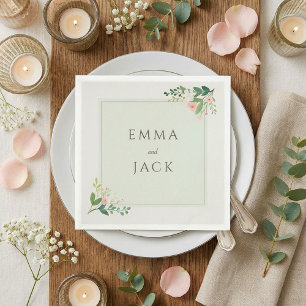 Servilleta De Papel Nombres de boda con vegetación rosa suave
