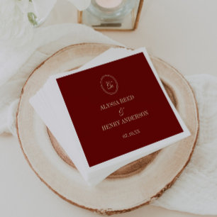 Servilleta De Papel Nombres de boda de monograma rojo de vino elegante