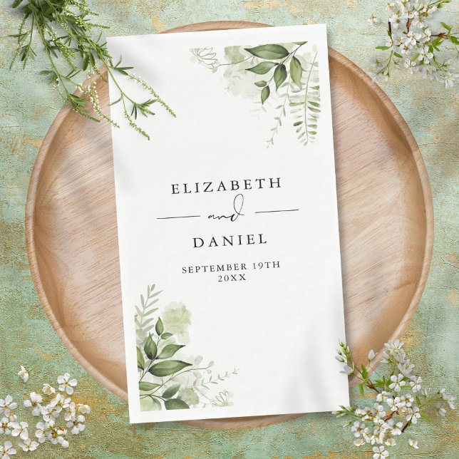 Servilleta De Papel Nombres de Floristería Elegante Verde Rústico Fech (Rustic Greenery Floral Elegant Names Date Paper Guest Towels)