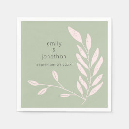 Servilleta De Papel Nombres de hojas rosadas Fecha Boda Sage Green
