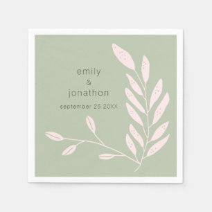 Servilleta De Papel Nombres de hojas rosadas Fecha Boda Sage Green