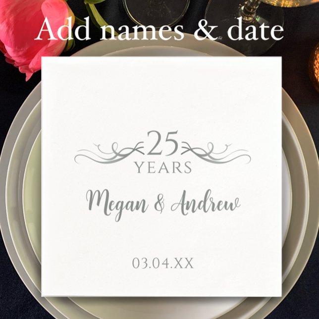 Servilleta De Papel Nombres de Pareja Aniversario de Bodas Número 25 M (Add couple’s names and wedding anniversary date for elegant 25th wedding anniversary party napkins)