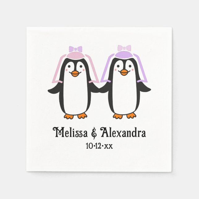 Servilleta De Papel Nombres de pareja de boda de señoras pingüinos lin (Anverso)