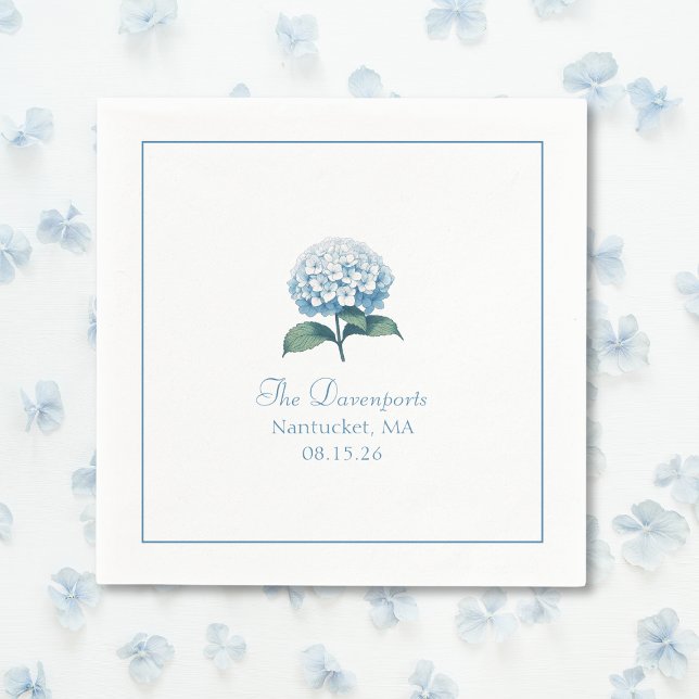 Servilleta De Papel Nombres personalizados Elegante Boda de hidrangea  (Elegant dusty blue hydrangea napkins for a timeless wedding. Personalize for your big day!)